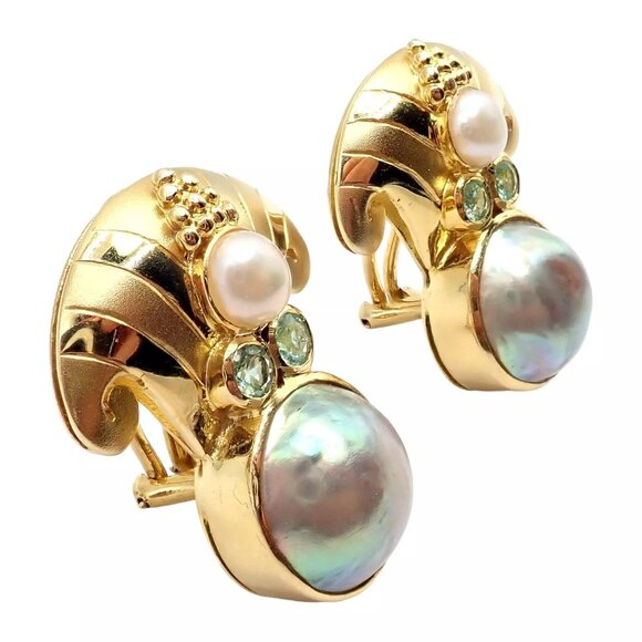 Rare! Vintage Paula Crevoshay 18k Gold Abalone Pearl Blue Gemstone Earrings OOAK - Picture 13 of 15